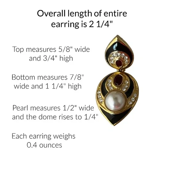 Black Enamel Pearl Gold Bling Earrings for Pierced Ears with Ruby Red Accents - Picture 3 of 4